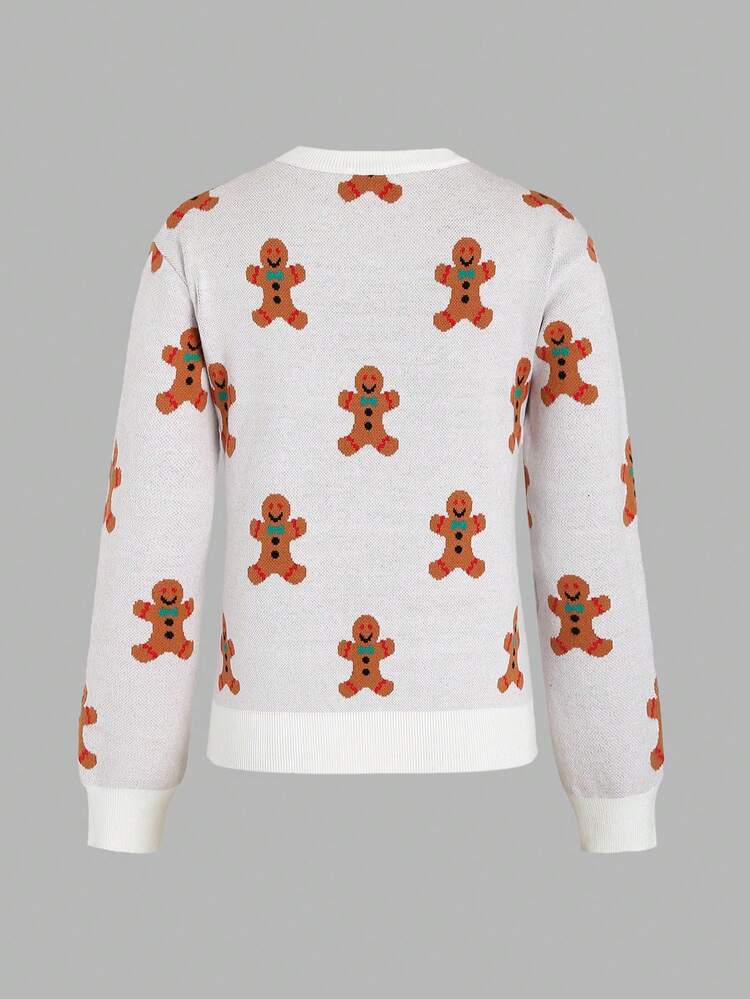 Women's Round Neck Gingerbread Man Patterned Knit Pullover Fall Winter Sweater
