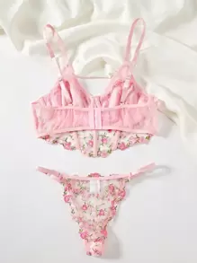 Durchsichtiges Blumen besticktes Dessous-Set aus Netzstoff, BH und Slip Set