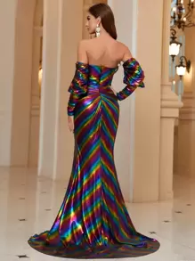 SHEIN Belle Open Shoulder Lantern Sleeve, Split Hem Holographic Evening Party Dress With Fishtail Hem - Multicolor - View 4