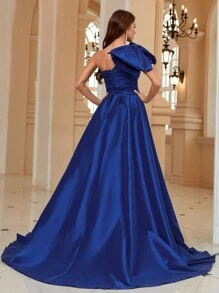 SHEIN Belle Exaggerated Bowknot Decorated One Shoulder Evening Party Dress - Blue - View 3