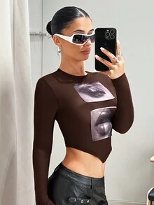 SHEIN ICON 女士眼嘴印花短款上衣 - 咖啡棕 - 查看 6