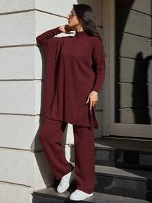 SHEIN Cottnline Solid Color Long Sweater And Knitted Pants Two Piece Set - Burgundy - View 3