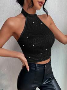 SHEIN BAE Sleeveless Beaded Halter Top With Cut Out Shoulder - Black - View 3
