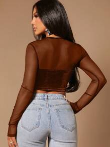 SHEIN SXY 棕色天鹅绒与网眼撞色紧身胸衣上衣 - 棕色 - 查看 2