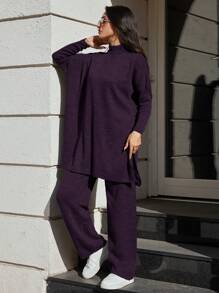 EURMUSE Women's Solid Color Batwing Sleeve Knitted Sweater Set (2 Pieces) - Violet Purple - View 3
