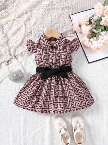 Baby Girls' Cap Sleeve Printed Dress With Belt 2pcs/Set - Multicolor - View 1