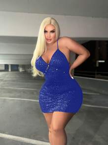 SHEIN SXY 加大尺碼女性閃閃發光的cami修身連衣裙 - 藍色 - 查看 3