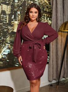 Celure Plus Size Women's Patchwork Glitter Belted Dress - Burgundy - View 1