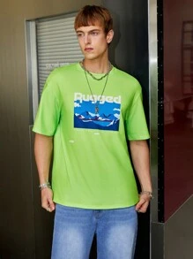 Manfinity VCAY Áo thun cổ tròn dệt kim in họa tiết rộng rãi cho nam - màu xanh lá - Xem 6