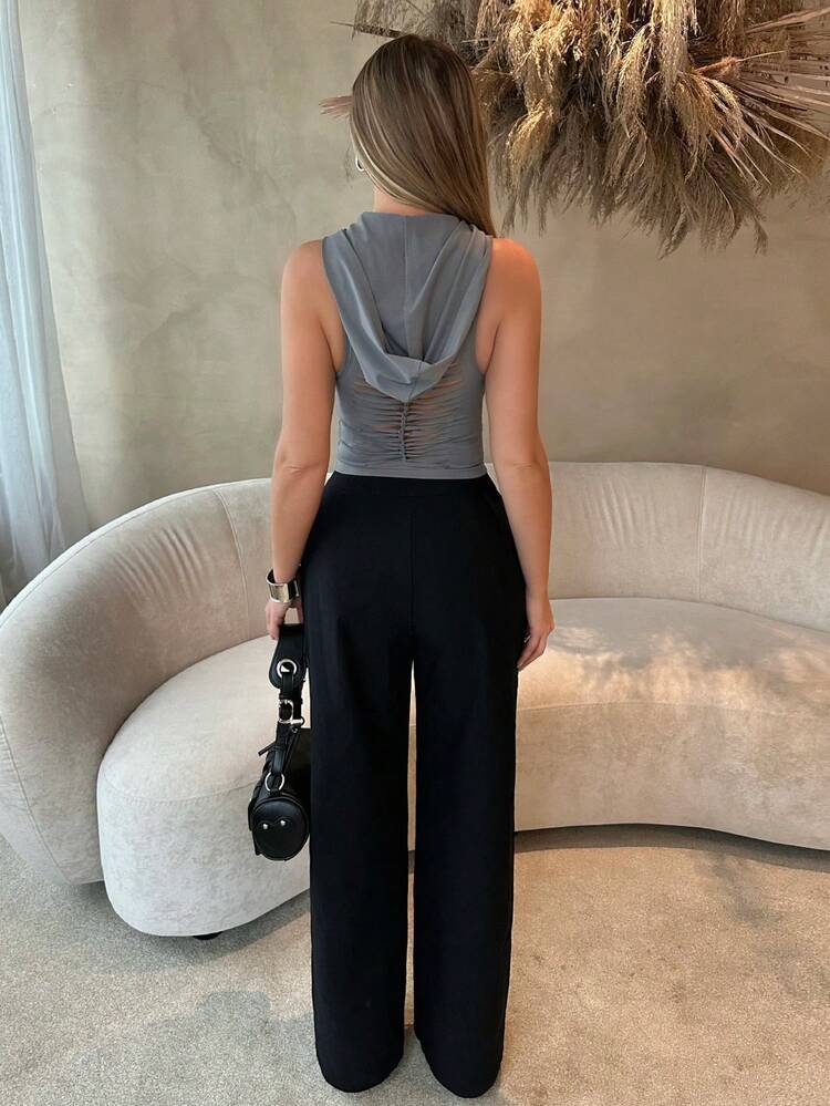 SHEIN SXY 女士纯色无袖连帽露背背心，春夏女士单身派对春假生日情人节性感破洞上衣夏季露脐上衣 - 灰色 - 查看 7