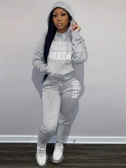 Women's Two-Piece Casual Sports Autumn Winter Warm Plus Fleece Hoodie Sweatpants Crown Letter Printed Fashion All-Match Plus Fleece Sweatpants Sweatshirt
