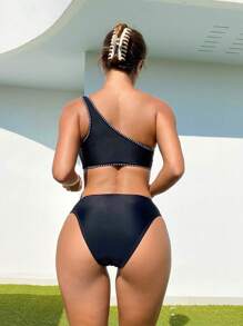 SHEIN Swim Ladies' Color Block Stitching One Shoulder Bikini Set Carnival Summer - Black - View 2