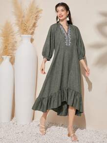 Al Najma Women'S Embroidered Placket Ruffle Hem Lantern Sleeve Dress