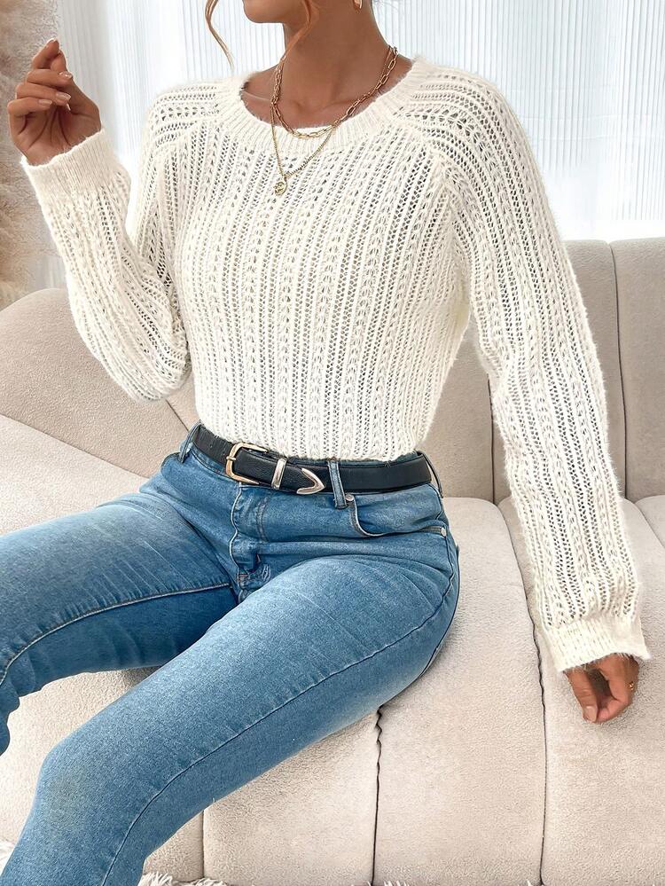 Women's Round Neck Solid Color Raglan Sleeve Knit Pullover Fall Winter Sweater