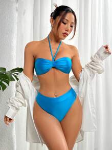 SHEIN Swim Của phụ nữ Màu thuần Halter Neck Bộ Bikini Lễ hội hóa trang - Màu xanh ngọc - Xem 4