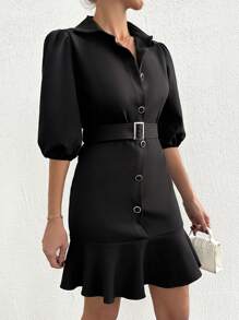 RueChic 女士實色鈕扣連衣裙,帶荷葉邊設計