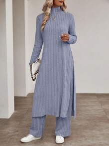 SHEIN LUNE 女士純色長袖上衣和長褲套裝 - 淺藍色 - 查看 3