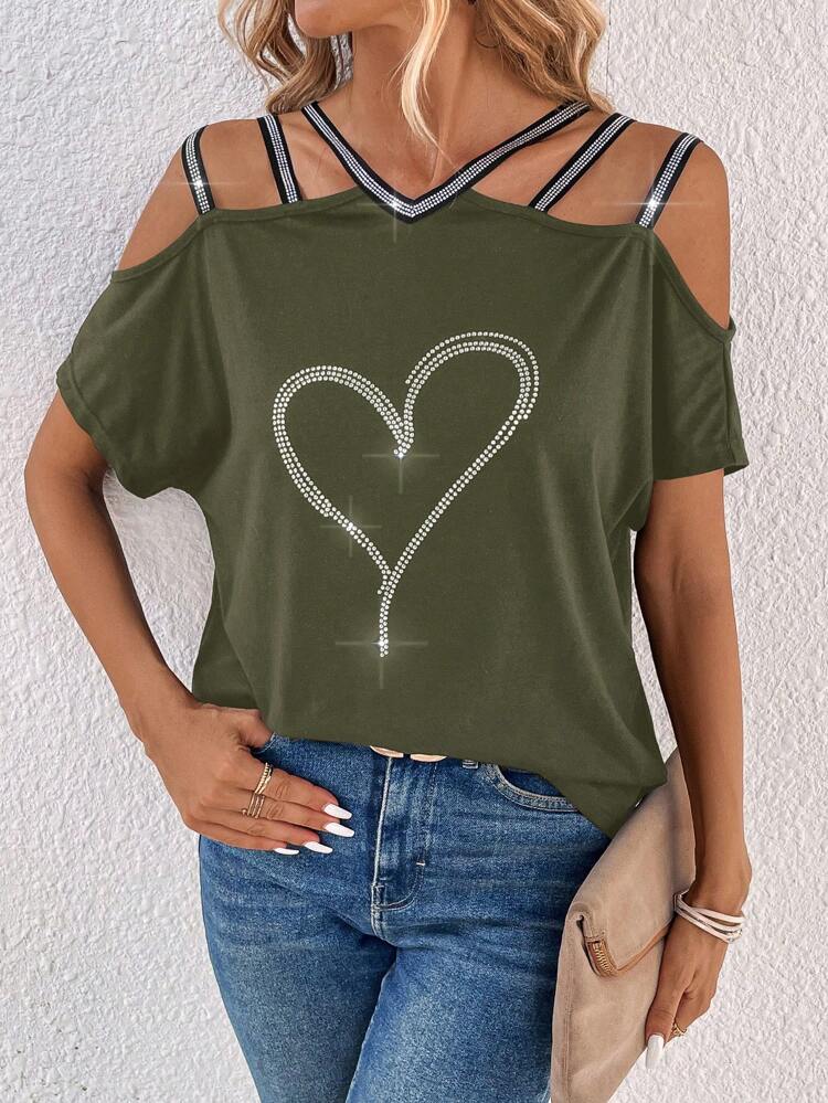 Women's Rhinestone Heart-Shaped Hollow Out Short Sleeve T-Shirt