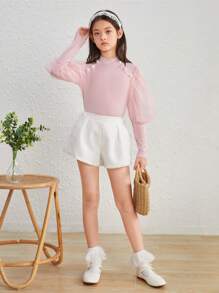 少女休閒立領T卹，透視網眼橙袖子 - 粉色 - 查看 3