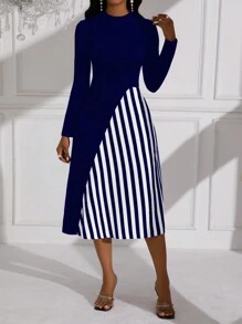 Lunelith SHEIN Lunessa Striped Pattern Long Sleeve Belted Dress (Belt Not Included) Maxi Women Outfit - Navy Blue - View 4