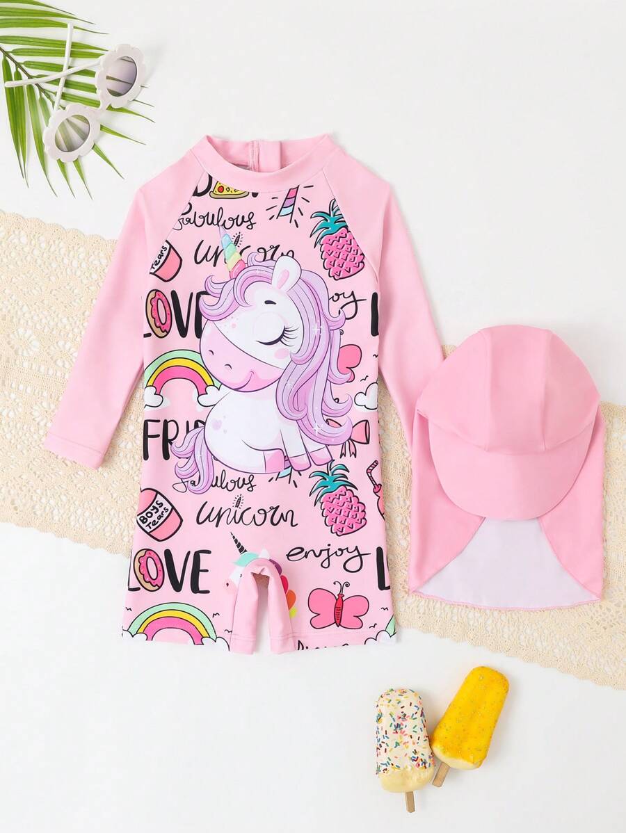 Baby Girl Cartoon Letter Printed One-Piece Swimsuit - Pink - View 1