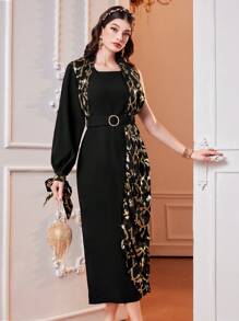 Modelyn Ladies' One Shoulder Dress With Gold Foil Print - Black - View 1