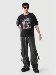 ROMWE MEN Grunge Punk Nam Chân thẳng Denim Quần jean Với túi Đồ trang trí - màu đen - Xem 6