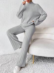 Chiquease Conjunto De Dos Piezas De Suéter De Punto Acanalado Con Cuello Alto De Color Liso Para Mujer Y Pantalones Anchos - Gris - Ver 5