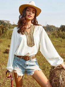 Aveloria Women's Notched Collar Lantern Sleeve Shirt