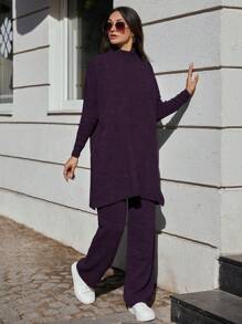 EURMUSE Women's Solid Color Batwing Sleeve Knitted Sweater Set (2 Pieces) - Violet Purple - View 6