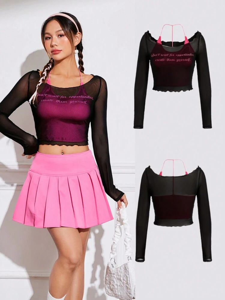 Text Print Transparent Long Sleeve T-shirt