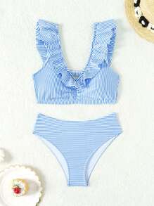 SHEIN Teen Girls' Striped Bikini Set With Ruffle Trim - Blue and White - View 1