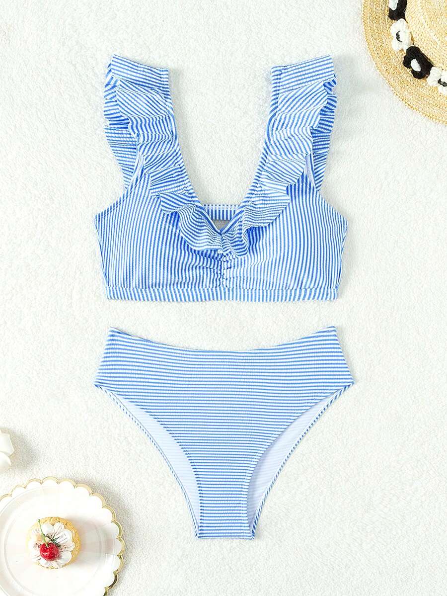SHEIN Teen Girls' Striped Bikini Set With Ruffle Trim - Blue and White - View 1