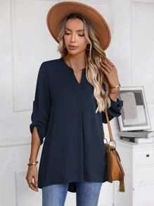 EMERY ROSE Women's Asymmetrical Hem Long Sleeve Shirt - Navy Blue - View 3