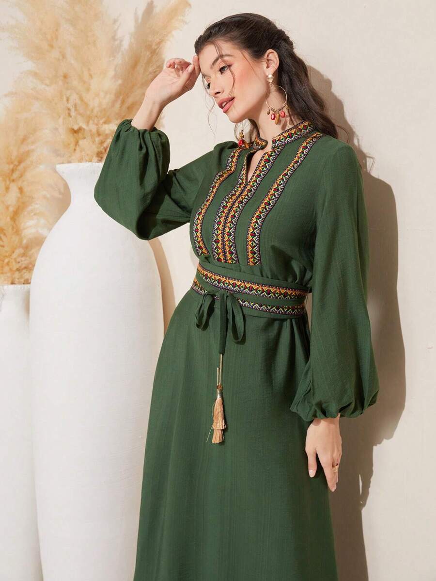 Al Najma Women'S Embroidered & Woven Belt Patchwork Lantern Sleeve Dress With Notched Collar - Green - View 1