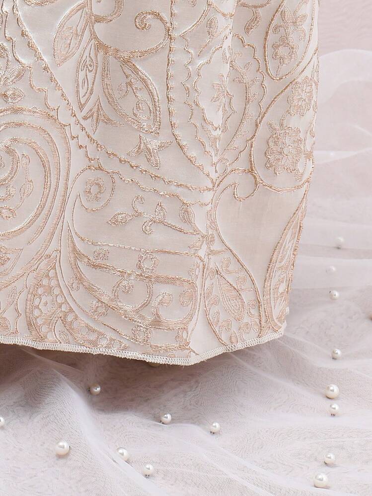 SHEIN Toddler Girls' Party Princess Dress With Bowknot, Pearl Beads And Stud Details - Apricot - View 7