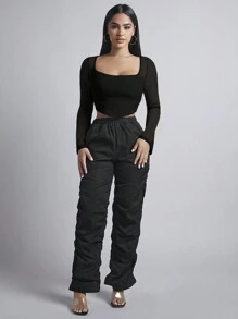 SHEIN PETITE 女士方領褶皺上衣 - 黑色 - 查看 3