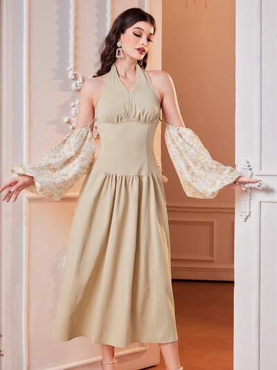 Hollow Out Shoulder Floral Print Lantern Sleeve Halter Neck Dress Long Evening Dresses