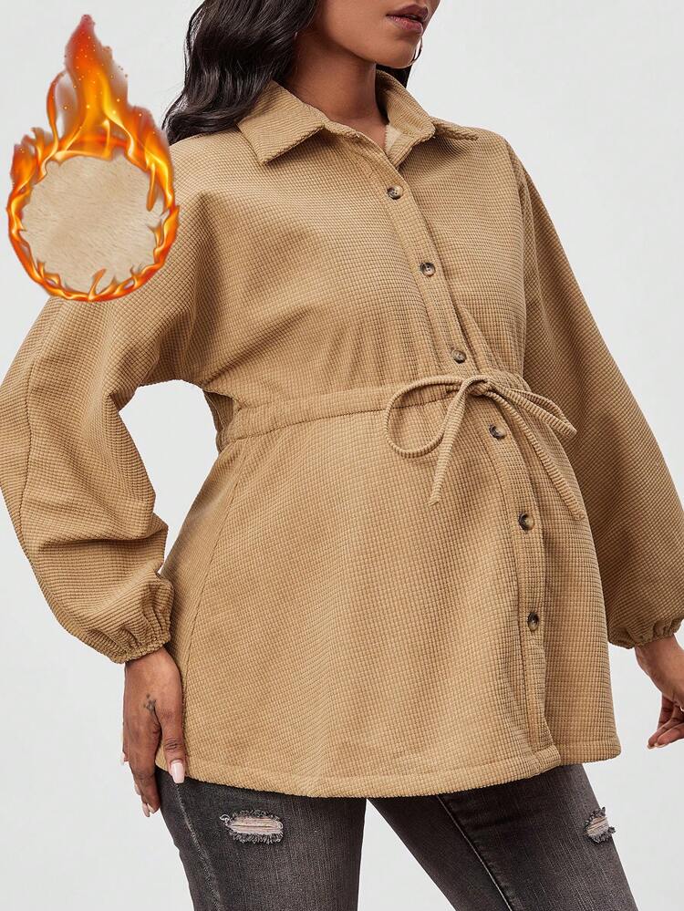 Maternity Waist Drawstring Detail Waffle Plaid Shirt