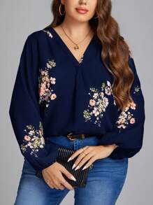 SHEIN LUNE 女士大碼花卉印花v領燈籠袖上衣 - 藏蓝色 - 查看 4