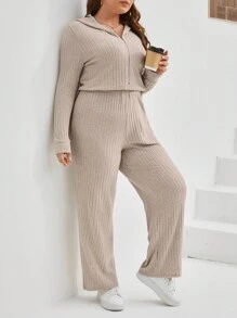 SHEIN Frenchy 大尺碼純色弧形針織連帽連身衣 - 杏色 - 查看 3