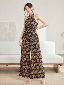 Mulvari Paisley Print Belted Halter Jumpsuit - Multicolor - View 3