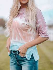 女蕾絲拼接紮染短袖t卹寬鬆設計感小眾上衣 - 彩色 - 查看 3