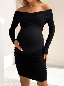 SHEIN 孕婦交叉露肩百褶連身裙 - 黑色 - 查看 5