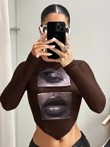 SHEIN ICON 女士眼嘴印花短款上衣 - 咖啡棕 - 查看 1