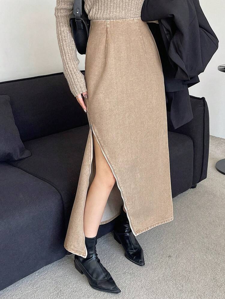 Women'S Solid Color Zipper & Slit Design Denim Skirt Jeans Skirt