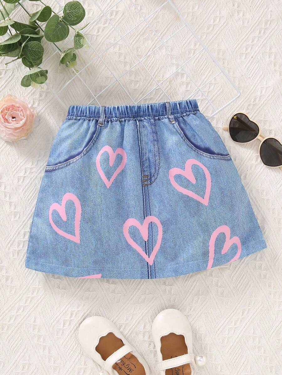 SHEIN Váy suông rộng cạp chun denim thời trang thường ngày cho bé gái trẻ mùa hè - Màu xanh lam - Xem 1