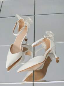 女婚鞋尖頭細高跟鞋兩種穿法絲綢白色新娘鞋帶腳踝帶 - 白色 - 查看 2