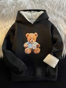 少女熊印花保暖内衬卫衣 - 黑色 - 查看 1