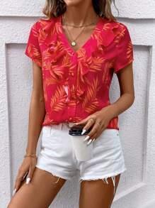 SHEIN Clasi Damski Nadruk w liście Krótki Rękaw Koszula